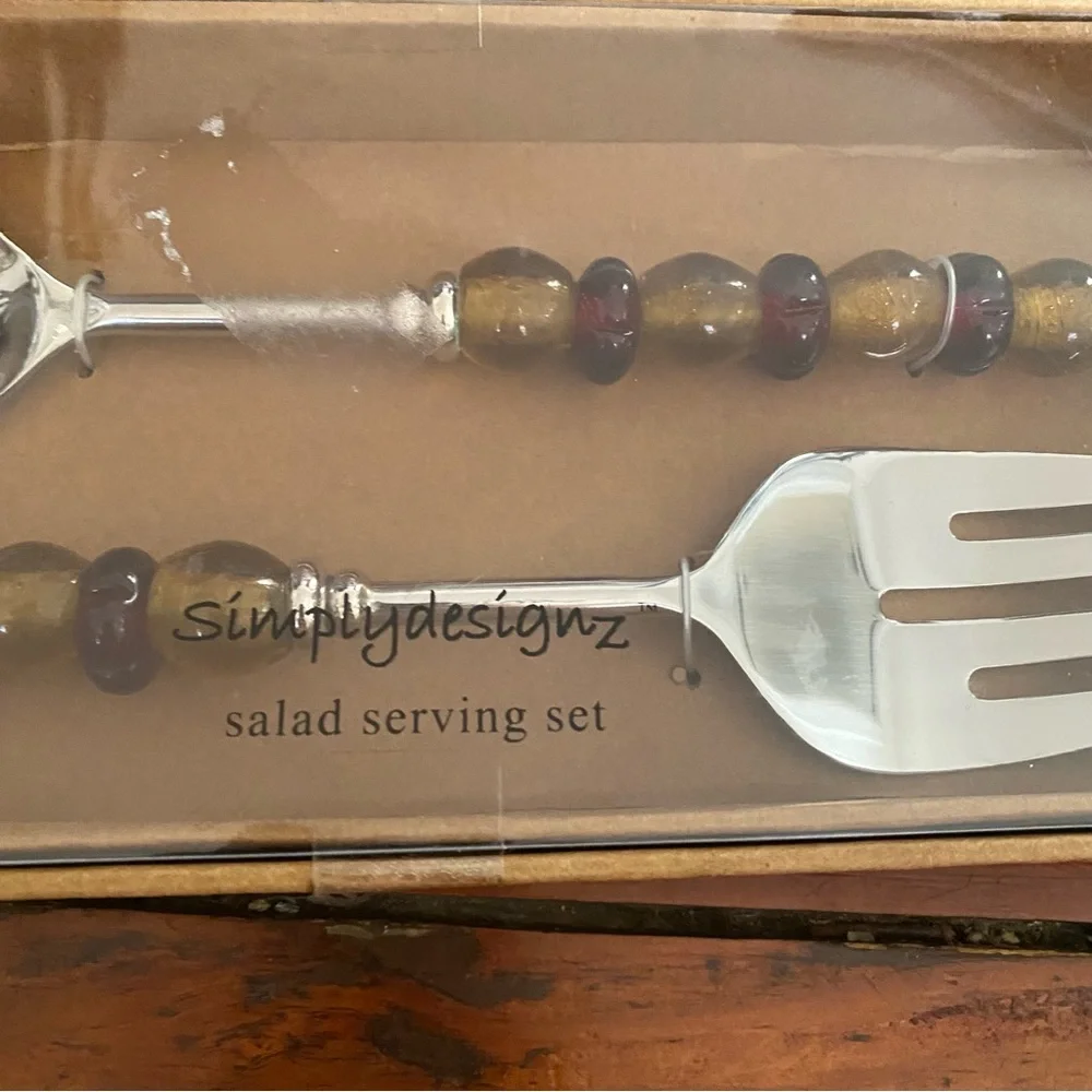 SimplyDesignz Amber Glass Handle Salad Serving Set NWT